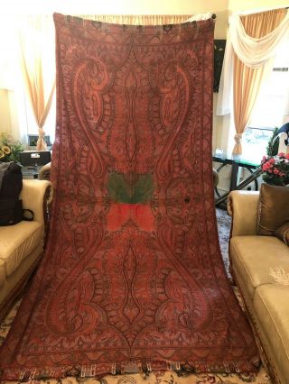 Antique Kashmir Paisley Shawl With Dual Coral Center,  19th C (125” X 61”)