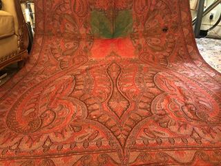 Antique Kashmir Paisley Shawl with Dual Coral Center,  19th C (125” X 61”) 2