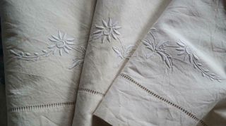 Antique French Linen Dowry Sheet Ladderwork Daisy Embroidery Metis Linen M2