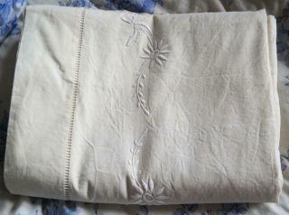 ANTIQUE FRENCH LINEN DOWRY SHEET LADDERWORK DAISY EMBROIDERY METIS LINEN M2 2