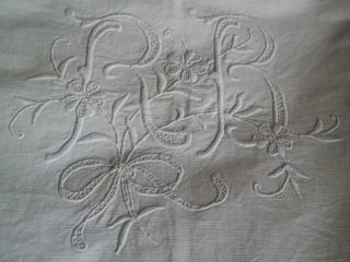 Antique French Metis Linen Huge Monogram Dowry Sheet Initials Rb M1