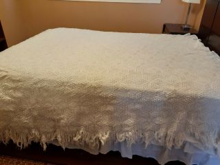 Vintage Handmade Crochet Coverlet Throw Bed Sofa Cover Lace 96 " X 86 " Fringe