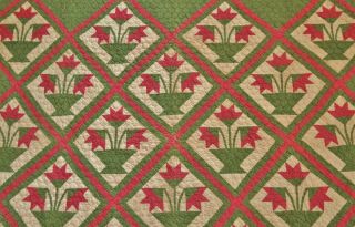 Antique Mid 1800 ' s Hand Stitched 8 - 9 spi Red Green Carolina Lily Quilt 84x63 2