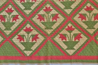 Antique Mid 1800 ' s Hand Stitched 8 - 9 spi Red Green Carolina Lily Quilt 84x63 3