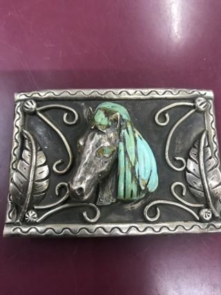 Vtg Hand Made Sterling Silver Horse Head Turquoise Belt Buckle Western