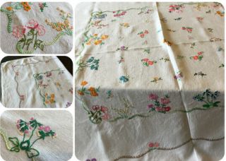 Vintage Hand Embroidered Tablecloth - Gorgeous All Over Floral Posy Design