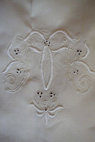 Antique French Hand - Embroidered Metis Linen Dowry Sheet Monogram M Ladderwork