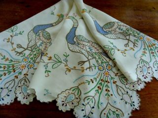 Vintage Hand Embroidered Colour Madeira Tablecloth Peacocks Flowers
