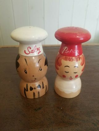 Vintage Wooden Mr.  Salty And Ms.  Peppy Salt & Pepper Shakers Made In Japan