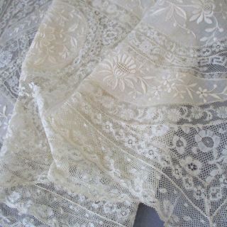 Antique Creamy French Normandy Lace Long Runner 42 " X 16 " Embroidered Flowers