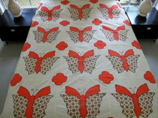 Vintage All Cotton Hand Sewn Applique Butterfly Quilt Top; 91 " X 73 " ; Good