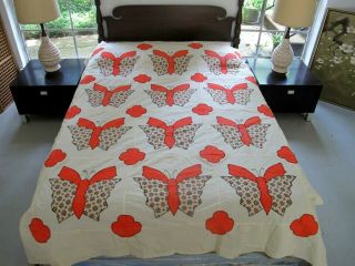 Vintage All Cotton Hand Sewn Applique BUTTERFLY Quilt TOP; 91 