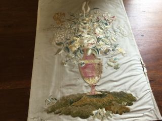 19th Century Victorian/georgian Mourning Silk Work Picture - Flowers In An Urn