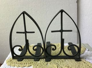 Vintage Black Wrought Iron Bookends Metal Window Cross Mexico