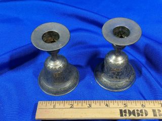 Pair Brass Silver Plate Bell Candlesticks Candle Holders Vtg Engraved Ornate 4 "