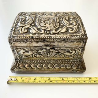 Vintage Ornate 800 Silver Over Wood Jewelry Trinket Box Treasure Chest Style