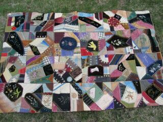 1890 Antique Victorian Crazy Quilt,  Wall Hanging,  Hand Embroidery