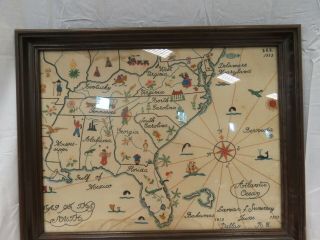 040 - Embroidered Framed Map Of The South With Vintage Lucky Strike Sign Back