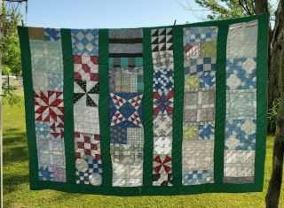 Vintage Amish Cutter Quilt 66 " X 88 " Sampler Hand Pieced And Hand Quilted