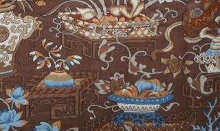 Vintage French Chinoisoire Floral Polished Cotton Fabric Brown Blue