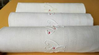 Xxl 5 Antique French Pure Linen Napkins Hand Monogrammed Wc