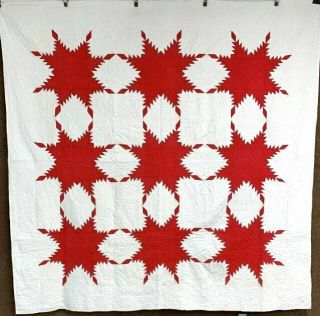 Patriotic Red C 1890 - 1900 Feather Star Quilt Antique Feather Quilted