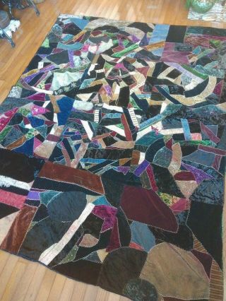 Vintage Crazy Quilt 70 " X 90 " Silks And Velvets Maybe Cutter?