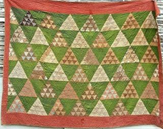 Antique Vintage 1800s/early 1900s Folk - Art Poison Green Thousand Pyramid Quilt
