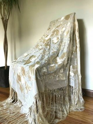 50 " Antique Silk Embroidered Piano Shawl Vintage Fringed Edwardian Wrap Scarf