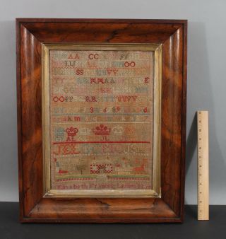 Antique 19thc Folk Art Alphabet Sampler Embroidery House Rosewood Frame Nr
