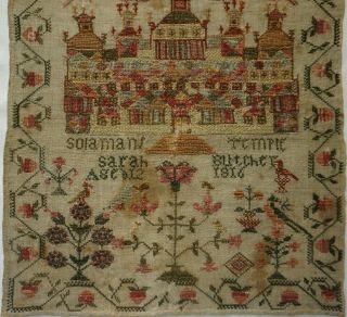 EARLY 19TH CENTURY SOLOMON ' S TEMPLE SAMPLER BY SARAH BUTCHER AGED 12 - 1816 3