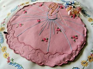 Vintage Hand Embroidered Pink Cushion Cover/ Crinoline Lady.