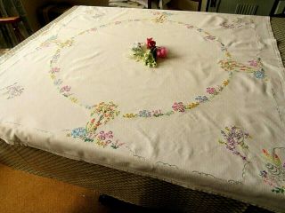 Vintage Hand Embroidered Tablecloth/ Flower Circle & Gardens