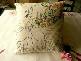 Vintage Hand Embroidered Cushion Cover/ Crinoline Lady & Gardens