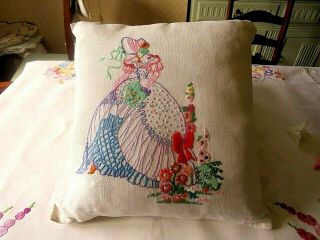 Vintage Hand Embroidered Cushion Cover/ Crinoline Lady.