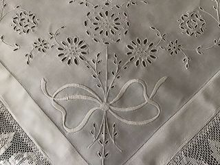 Exquisite Large Antique Irish Linen Tablecloth Whitework Deep Lace Trim Florals