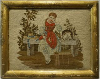 Small Mid 19th Century Needlepoint Of A Young Girl & Her Pet Cat - C.  1860