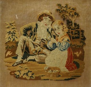 Mid 19th Century Needlepoint Of A Boy & Girl With Their Pet Dog & Pup - C.  1870