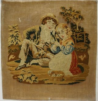 MID 19TH CENTURY NEEDLEPOINT OF A BOY & GIRL WITH THEIR PET DOG & PUP - c.  1870 2