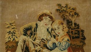 MID 19TH CENTURY NEEDLEPOINT OF A BOY & GIRL WITH THEIR PET DOG & PUP - c.  1870 3