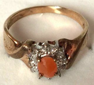 Vintage 10 Karat Yellow Gold Mexican Fire Opal,  Diamond Accents Size 8