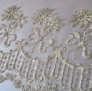 Antique 19thc Lace Flounce Silver Metallic Tambour Embroidered Flowers 17 " Wx50 "