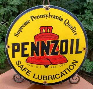 Old Vintage Pennzoil Gasoline Motor Oil Porcelain Enamel Gas Pump Station Sign