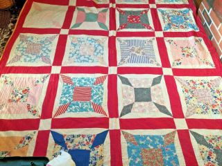 Antique Quilt Done In Old,  Old Fabric Light Weight And Just Wonderful