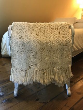 Vintage Hand Crochet Popcorn Bedspread Coverlet Long Fringe Full Queen 82 " X98 "