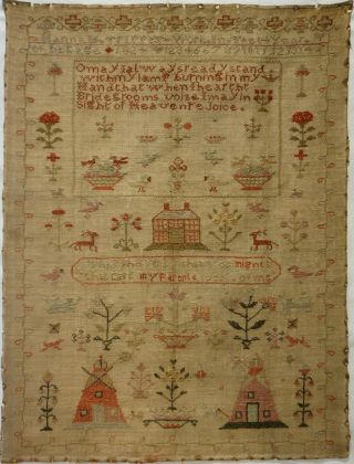 Early 19th Century Red House,  Windmills & Verse Sampler By Hannah Tippett - 1824