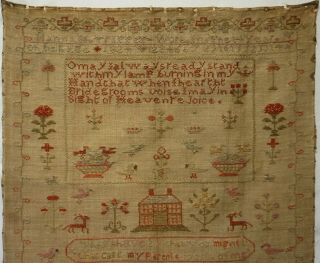 EARLY 19TH CENTURY RED HOUSE,  WINDMILLS & VERSE SAMPLER BY HANNAH TIPPETT - 1824 2