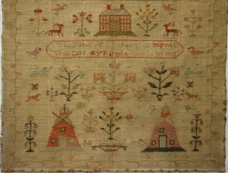 EARLY 19TH CENTURY RED HOUSE,  WINDMILLS & VERSE SAMPLER BY HANNAH TIPPETT - 1824 3