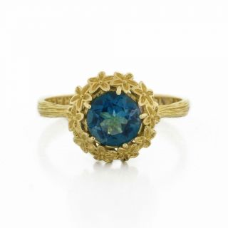 Vintage Blue Topaz Floral Ring 14k Yellow Gold 7 Mm Round Gem Ladies Size 8.  25