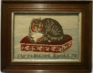 Small Mid 19th Century Needlepoint Of A Cat By Thirza Mulcock - March 9th 1878